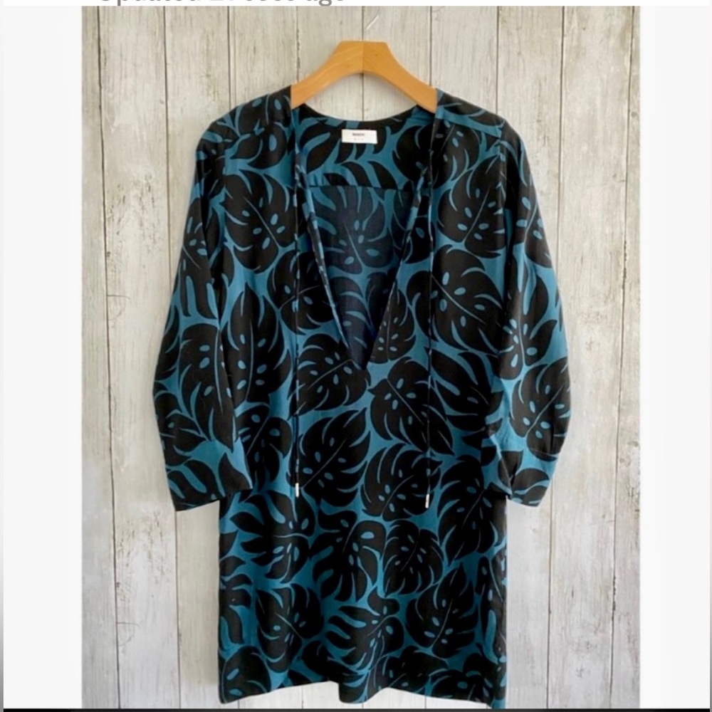 Mikoh Teal & Black Mini Dress with Tropical Leaf Motif